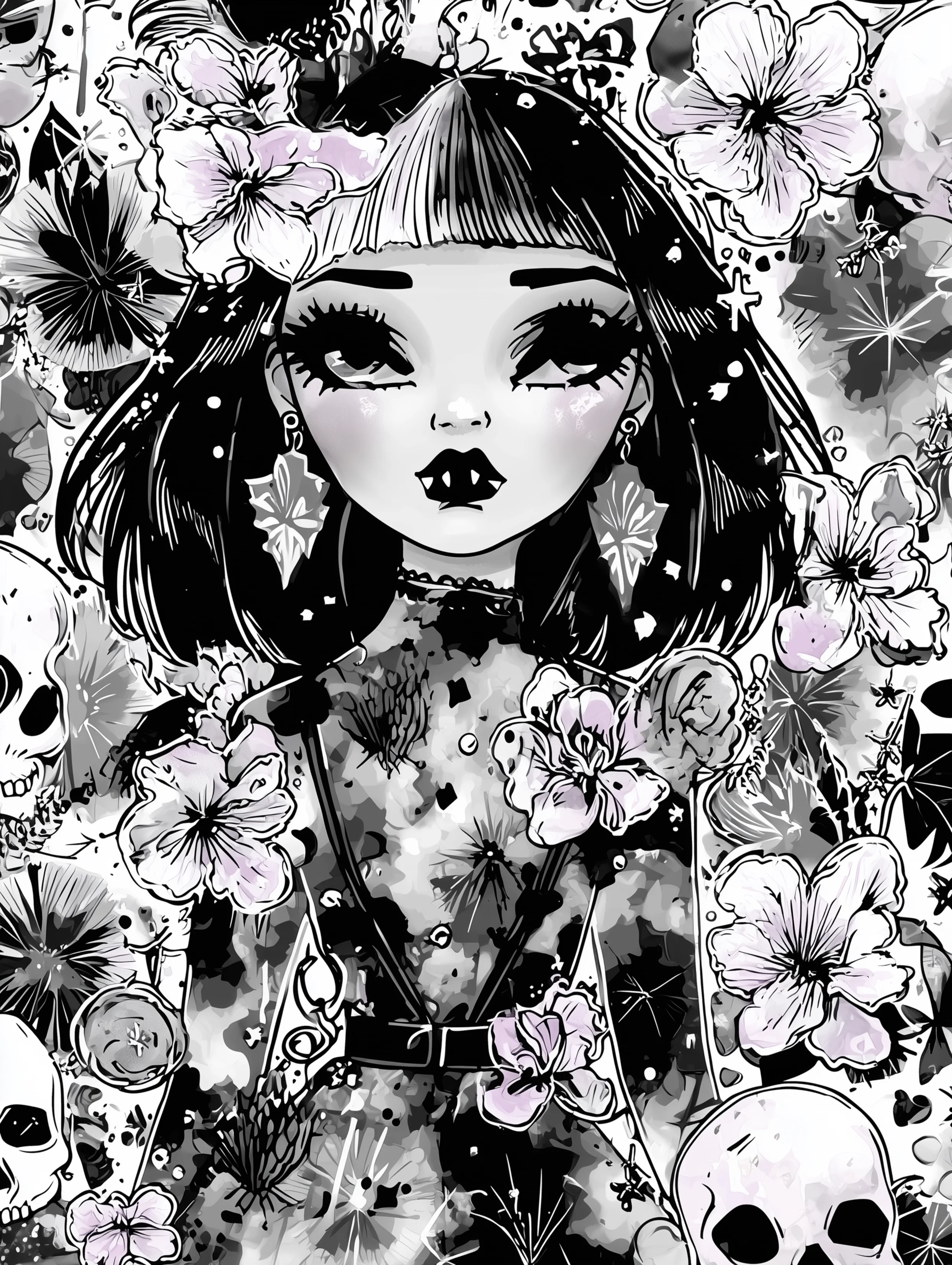 Free printable vampire coloring page for adults featuring a vampire with dark gray blotches